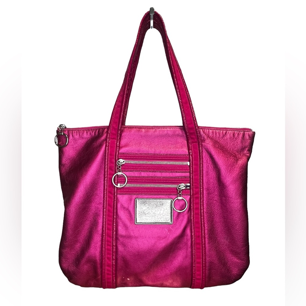 Coach Poppy Patent Leather Glam Tote in Silver/Magenta.